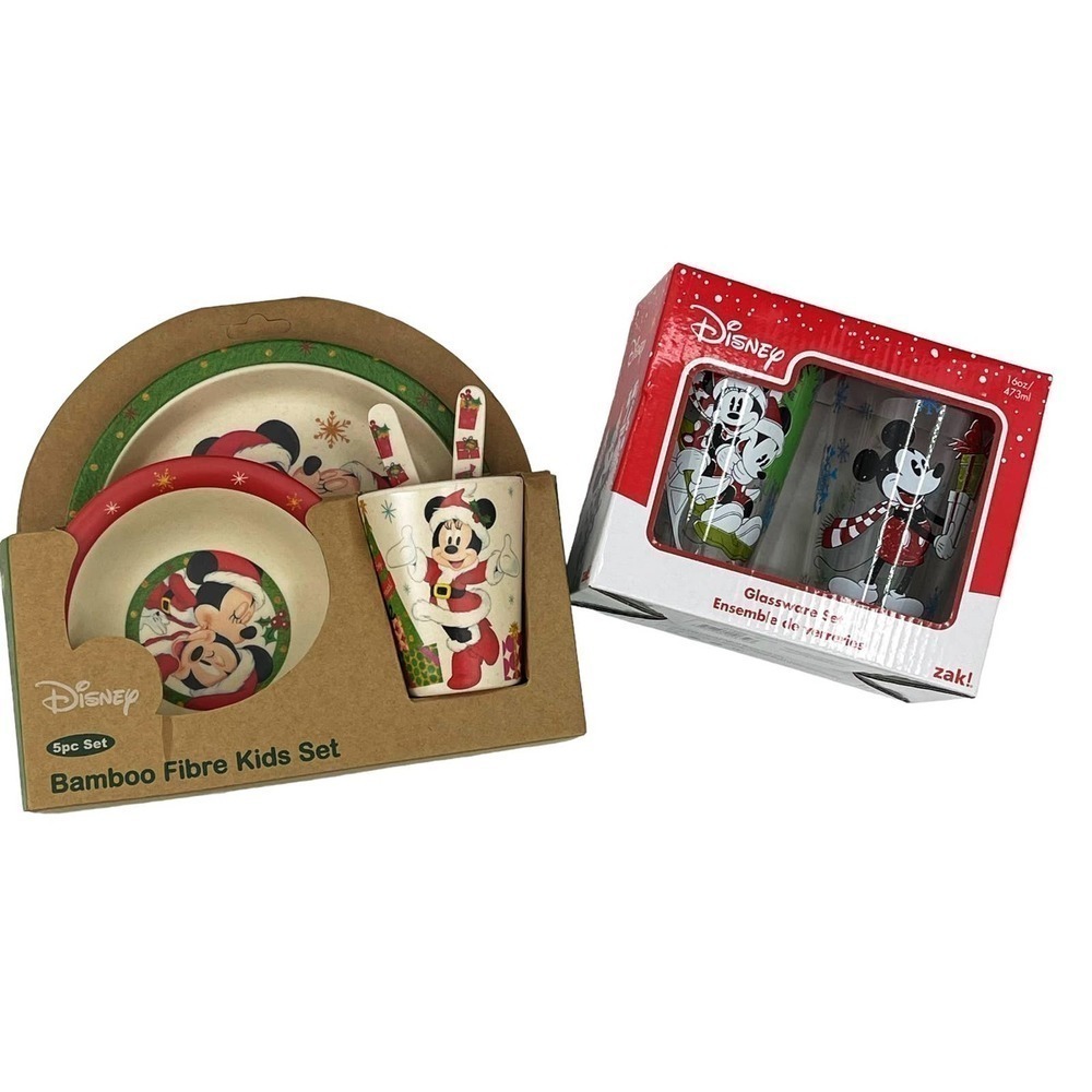 Disney Christmas Mickey Minnie Mouse Kid’s Glassware & Dinner Set NWT